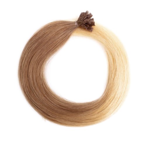 En slinga av tvåfärgat hår med en brun rosettclip på blont hår.