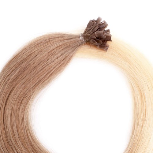 Ett knippe hår med ljusblont och mörkblont avsnitt, bundet med ett brunt hårband.