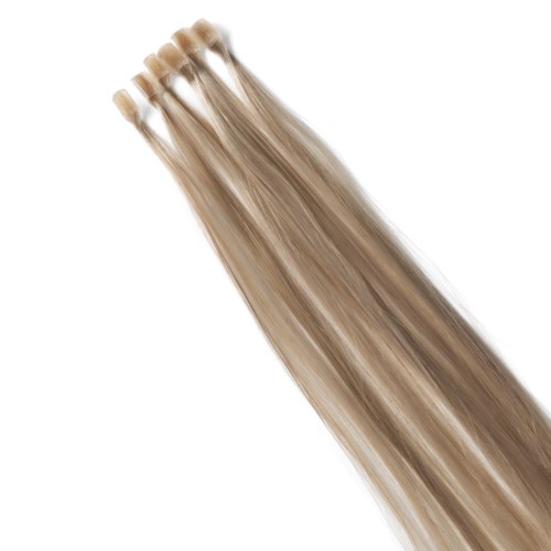 Een bundel recht blonde haarverlengingen of pruiken, geplaatst met de wortels bovenaan en de lokken naar beneden.