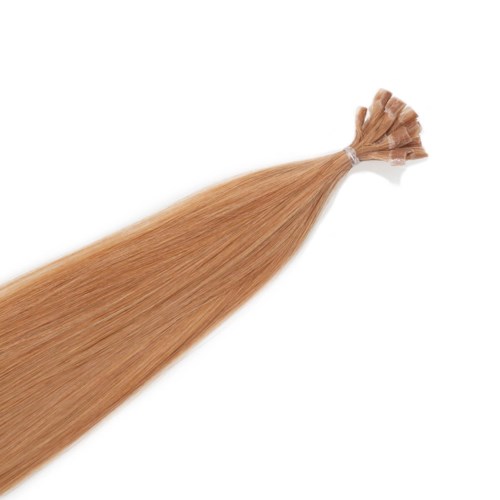 En bunt långt, rakt, blont hår som är knutet ihop vid toppen.