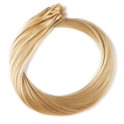 En blond hårförlängning formad som en cirkel med några hårstrån upptill.
