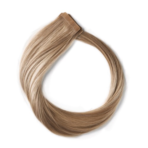 En beige hårförlängning med en klämma i ena änden, curls till en loop.