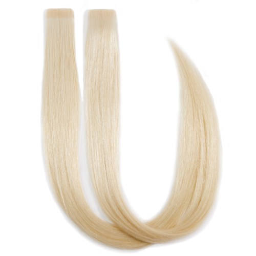 Ett U-formigt blond hårtillbehör eller perukstycke, glänsande och slätt, med ljusare nyans i spetsarna.