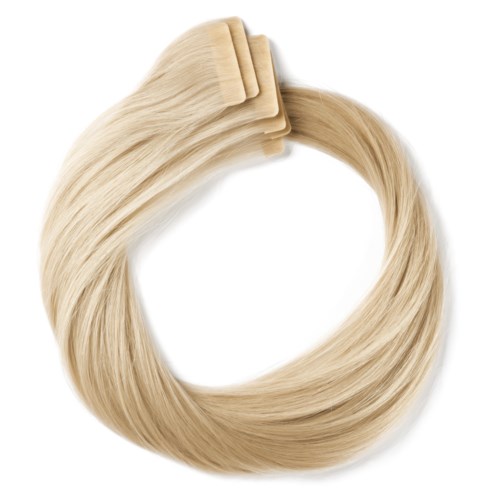 Blonde hair extension with clip, circular shape, smooth and shiny. Used to add length or volume to hair.