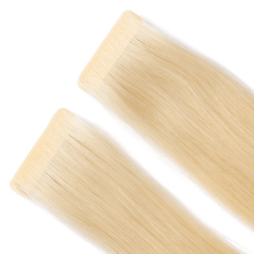 Two light blonde hair extension pieces with a slight wave, placed diagonally.