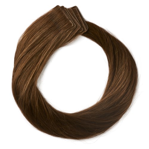 Coiled brown hair extensions, smooth and shiny, with a clip on top for attachment.