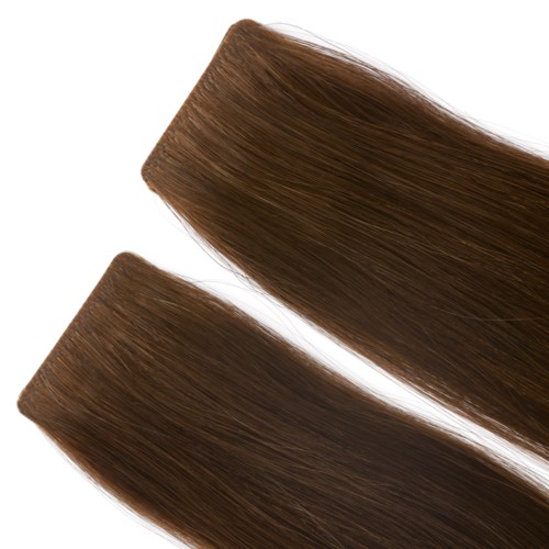 Two strips of brown hair extensions with smooth, shiny texture.