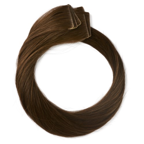 Brown hair extension clipped on, forming a ring shape, with a section at the top. Simple hair accessory.