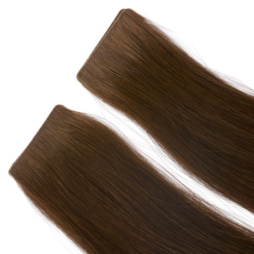 Two brown hair extensions, smooth and straight, lying parallel on a white background.