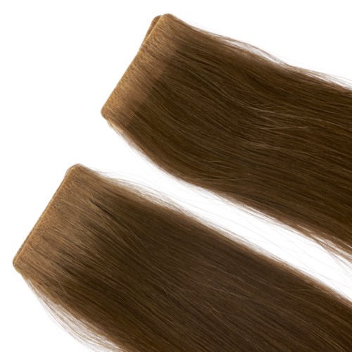 Two hair extensions or pieces of hair with a smooth texture and light brown color.