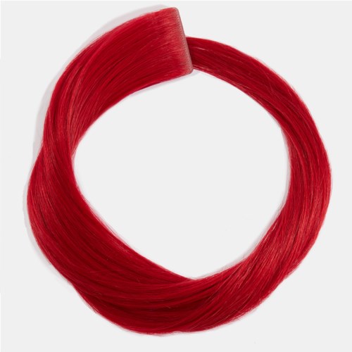 A red hair extension or wig forms a circular shape on a white background.