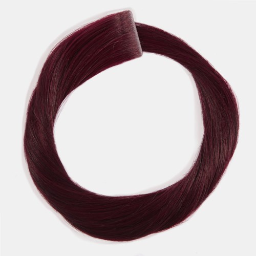 A maroon, glossy, circular hair extension or wig piece on a white background.