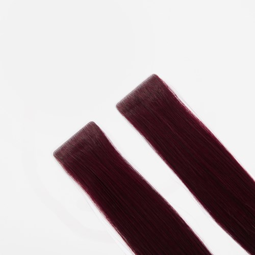 Two dark red hair extension strands lie side by side on a white background.