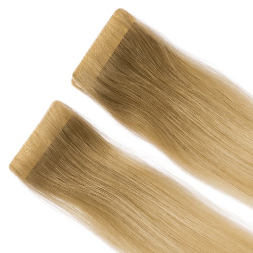 Two blonde hair extensions laid flat with smooth, straight hair. They are similar in color and texture.