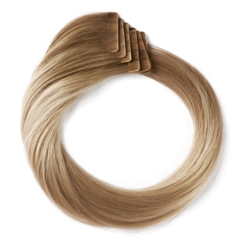 Four hair color samples in shades from blonde to dark brown arranged in a circle.
