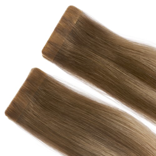 Two hair extensions in light brown color, smooth and straight, with a slight wave.