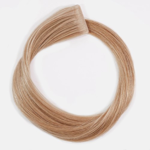 A loop of straight, blonde hair arranged in a circular shape, with smooth texture and shiny appearance.