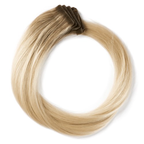 A blonde hair extension or wig ring with a brown hair scrunchie at the top.