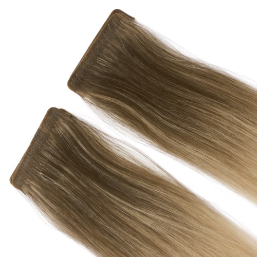 Two hair extension clips with long, straight, brown-blonde hair. The hair appears smooth and shiny.