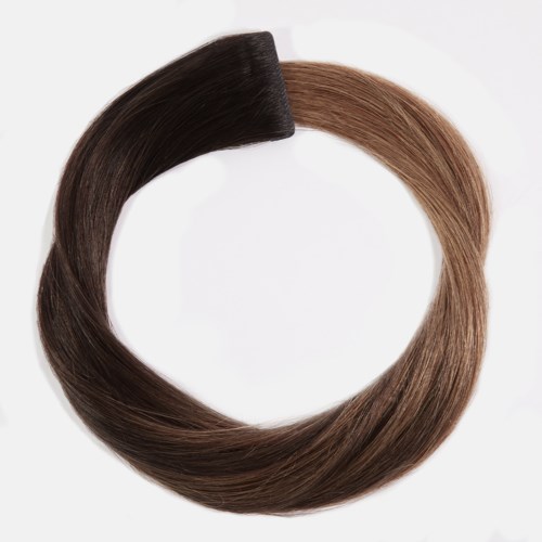 A hair color circle showing dark brown and light brown hair sections.