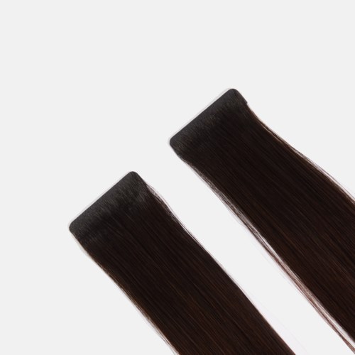 Two dark brown hair extensions or weaves on a white background.