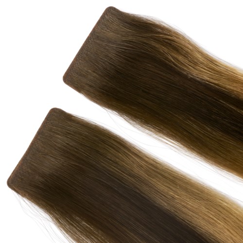 Two hair extensions or wigs in light and dark brown colors with straight, silky texture.