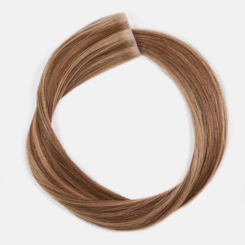 Hair extension wrap forming a circle with light brown hair.