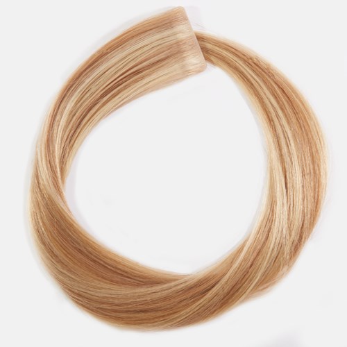 A blonde hair extension or wig hair curl surrounds an empty white space.