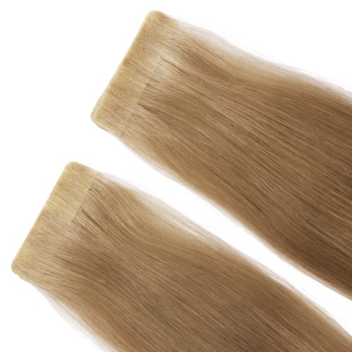 Two blonde hair extensions or hairpieces are shown, with smooth, straight, shiny hair. They are placed diagonally.