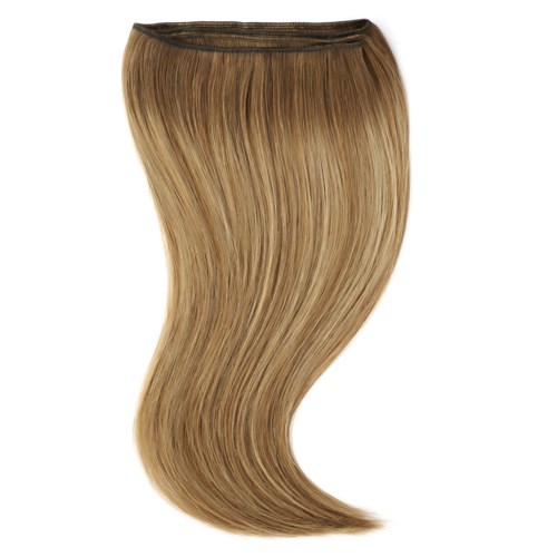 Lang, rett, blond hårforlengelse med en svart blonder.