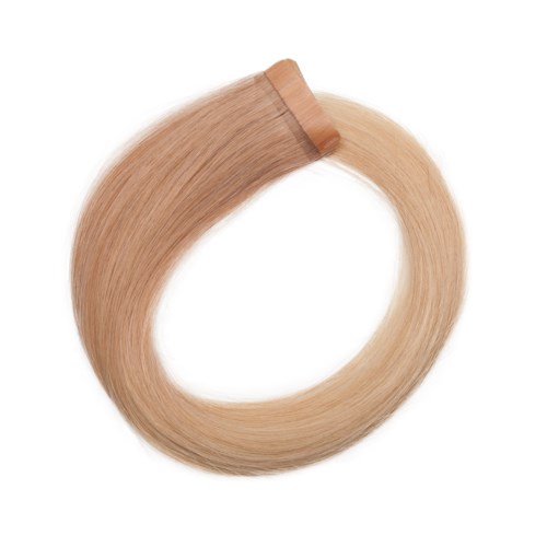 En blond hårforlængelsesring med klip, vist i en cirkel.