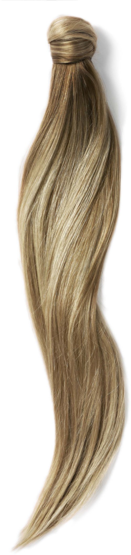 En lång, blond hårförlängning med en ögla upptill, flytande och glänsande.