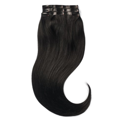 Long black hair extensions tied with small black bands, shiny and smooth.