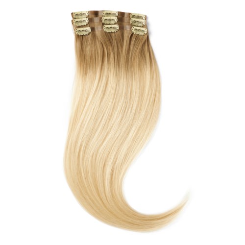 Blonde hair extensions with clips, long and shiny, flowing in a curve.