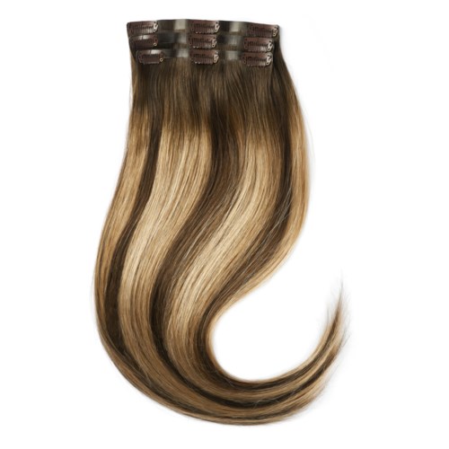 Long hair extension clips with brown and blonde hair, shiny and smooth.