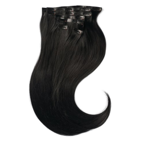 A bundle of black, shiny hair extensions with clips, shaped like a curved wave.