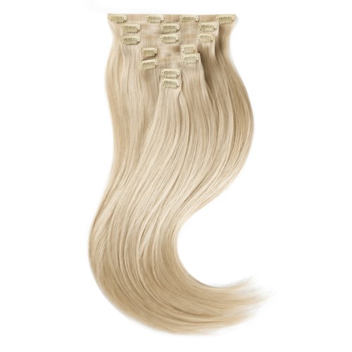 Blonde hair extensions with clips, long and flowing, arranged in a neat row.