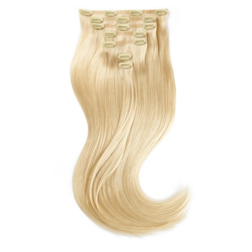 Clip-in blonde hair extensions with small clips attached for easy use.