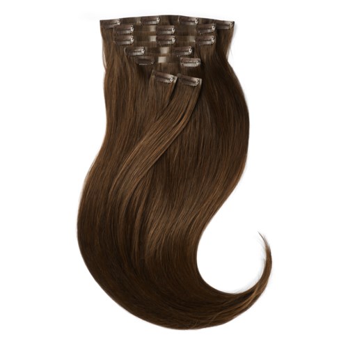 Brown hair extensions with clips that attach to natural hair.