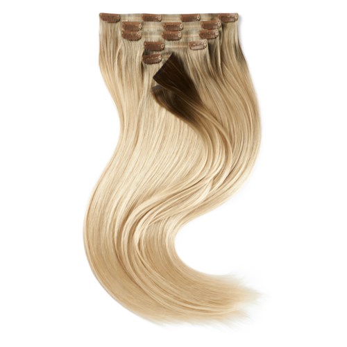 Hair extensions with clips, blonde color, wavy texture, and long length.