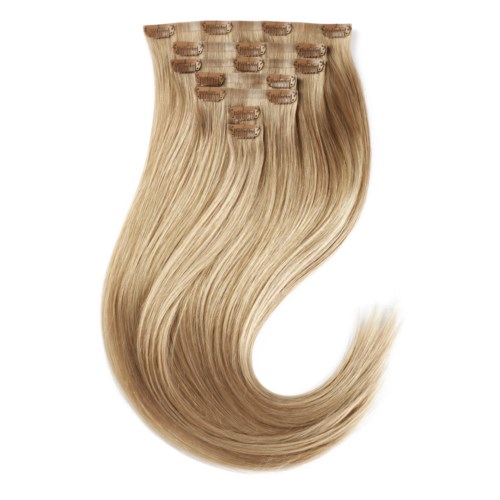 Blonde hair extension with clips, looks shiny and smooth, arranged in a curve downward.