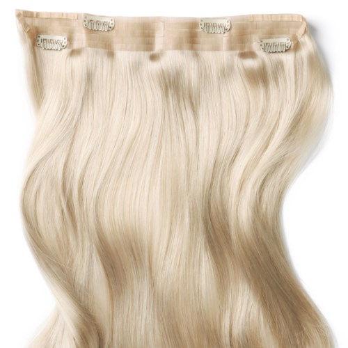 A clip-in hair extension with long, straight, platinum blonde hair strands. It has clips on top to attach to natural hair.