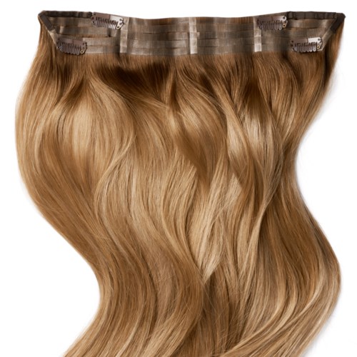 Clip-in hair extensions in light brown with a wavy style and metal clips at the top.