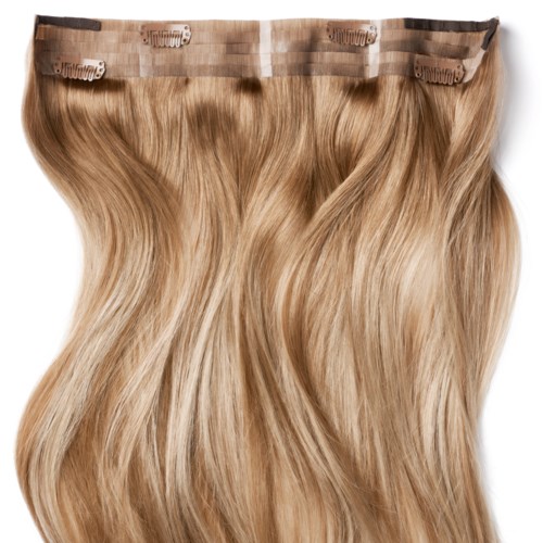 Blonde hair extension clip-in strips with four clips, shiny and wavy. Designed for adding length and volume to hair.