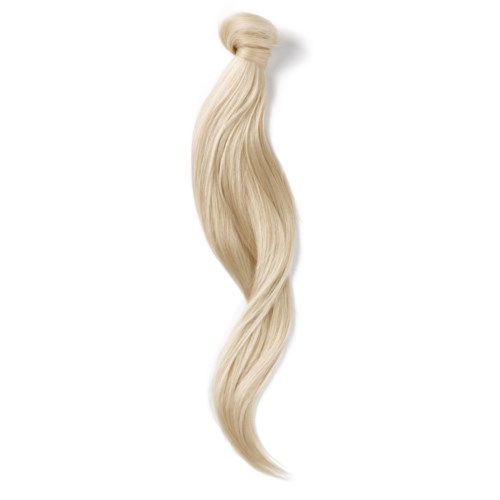 En lång, blond hårslinga, delvis knuten upptill och flödar ner smidigt.
