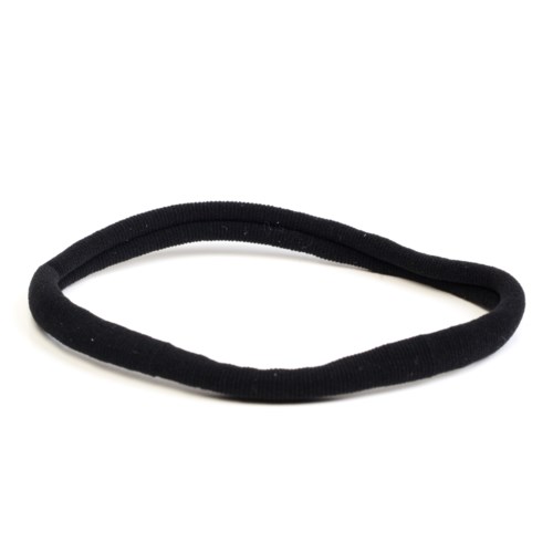 A black elastic hair tie on a white background.