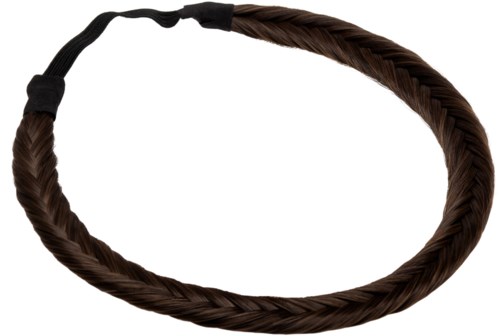 Ett brunt flätat hårförlängning med ett svart elastiskt band för fäste.