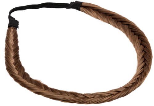 En brun flätad hårförlängning eller peruk, med ett svart band längst upp, formad som en loop.