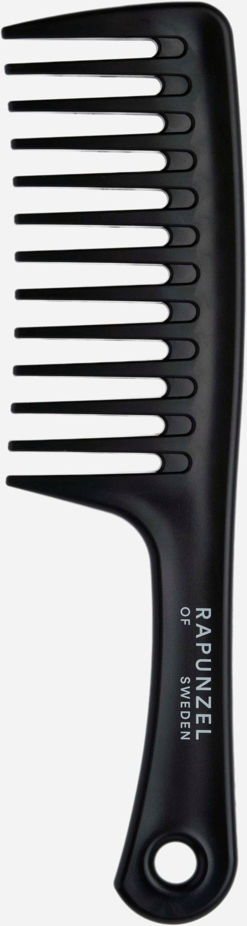 A black wide-tooth comb with a handle, labeled 'Rapunzel Wonder,' used for hair grooming.