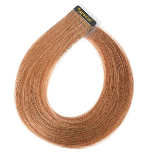 A loop of light brown hair extension with a black label at the top.
